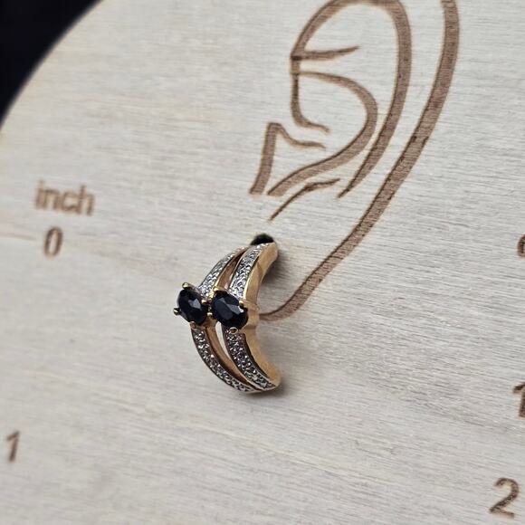 Dark Blue Sapphire Diamond Chip Earrings Curved Half Hoop Gold Plated - Picture 4 of 8